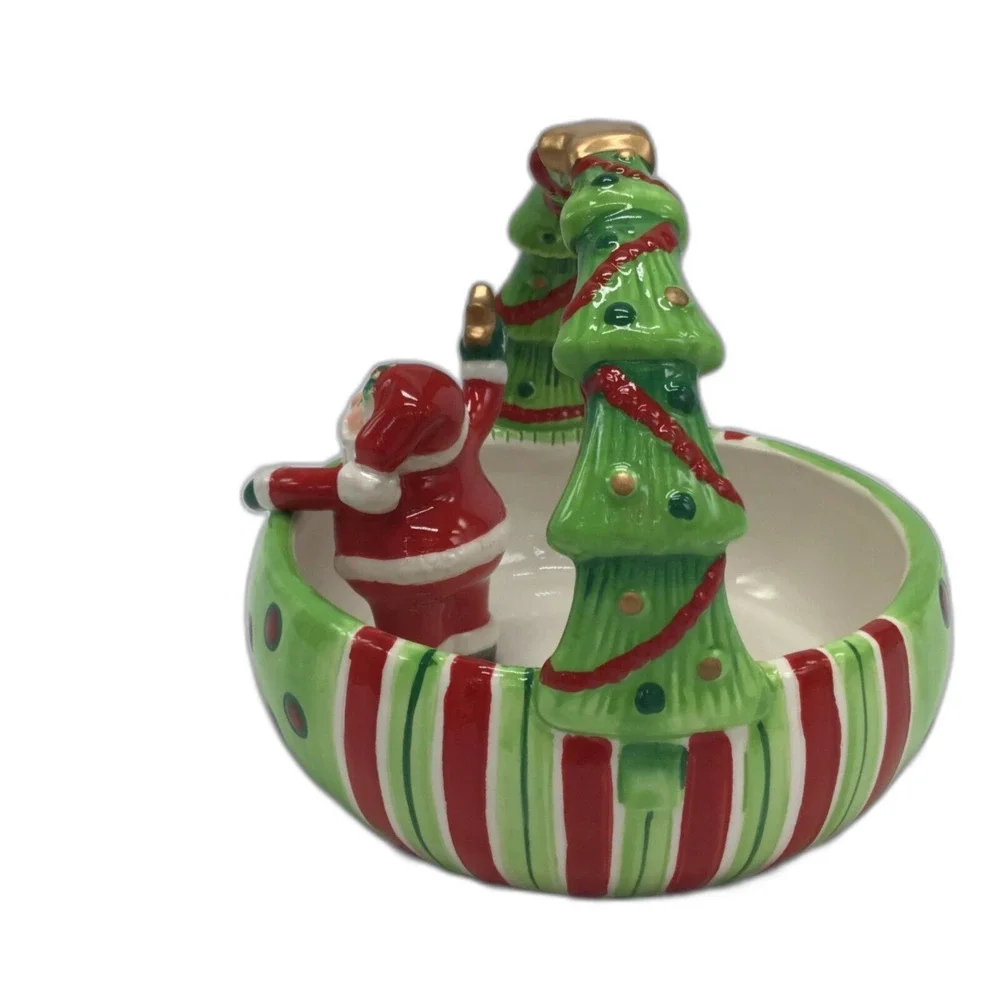 Fitz Floyd Ceramic Santa Bowl Candy Dish With Box Green Stripe Christmas
